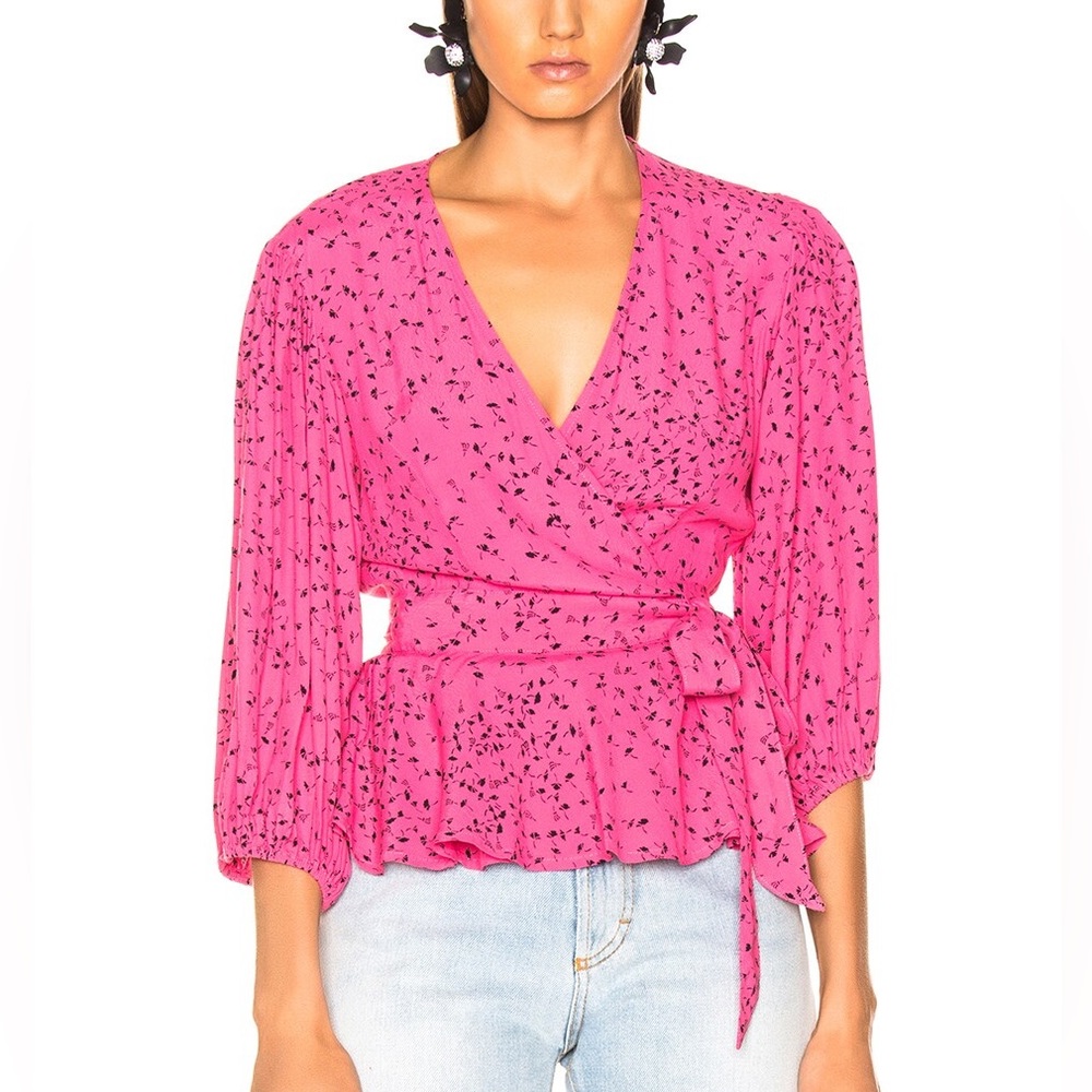 GANNI Hot Pink/Fuchsia Barra Crepe Long Sleeve Wrap Blouse